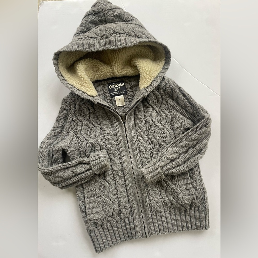 OshKosh B'gosh Gray Hooded Cable Knit Jacket for Kids- size 5